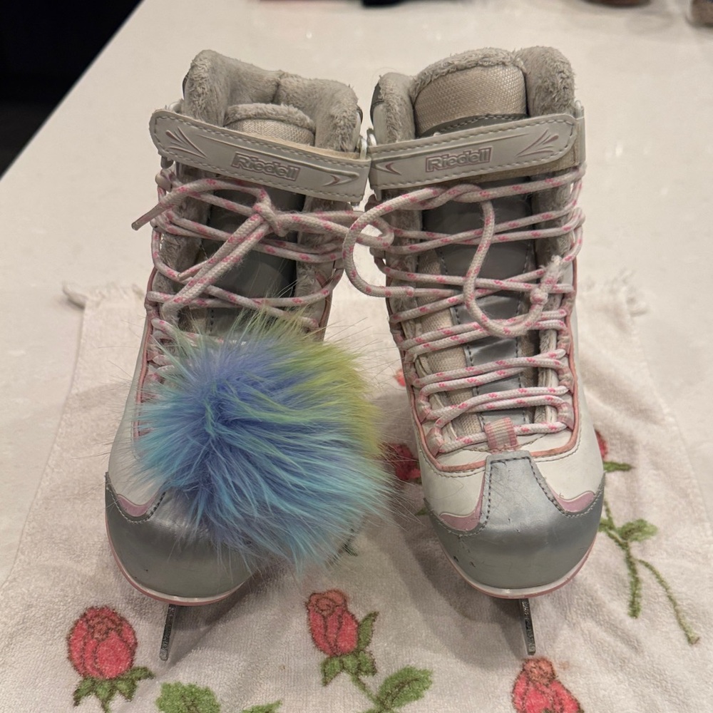 Riedel Women's Gray and White Ice Skates with Colorful Pom Pom